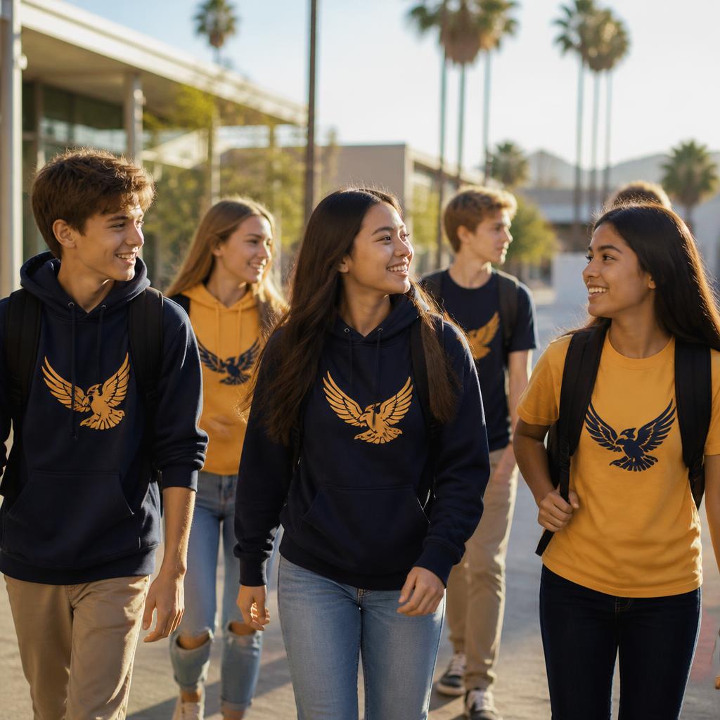 Two students in Hawk hoodies walking together across the sunny Sunset Hill campus
