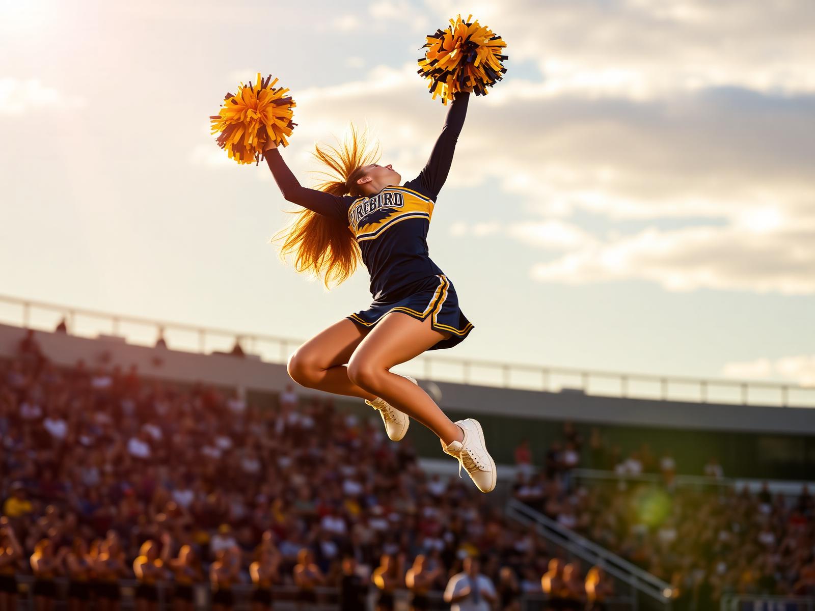 Sunset Hill Hawk cheerleader mid-jump with navy and gold pom-poms at a sunlit game