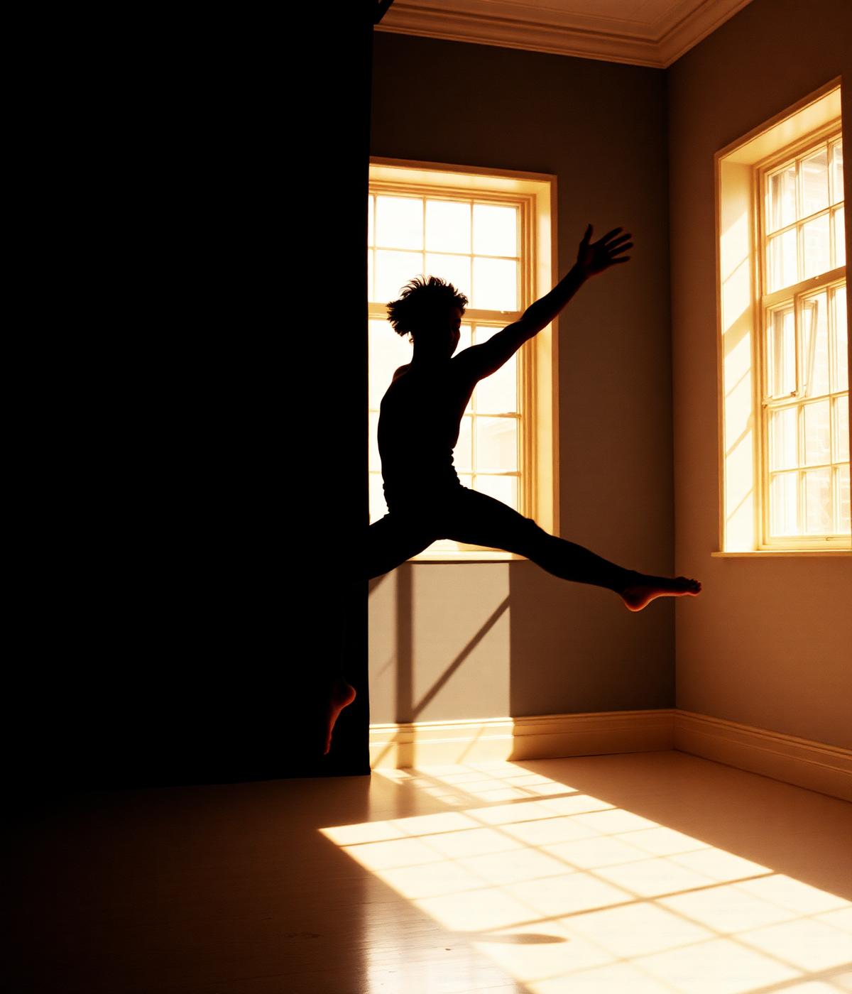 Dancer mid-leap in a sunlit studio