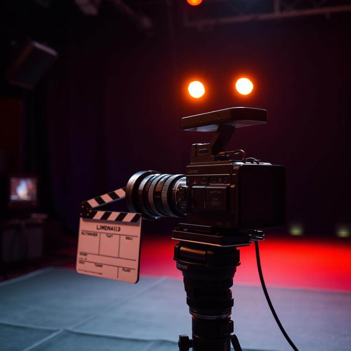 Cinema camera and clapperboard on a lit film set