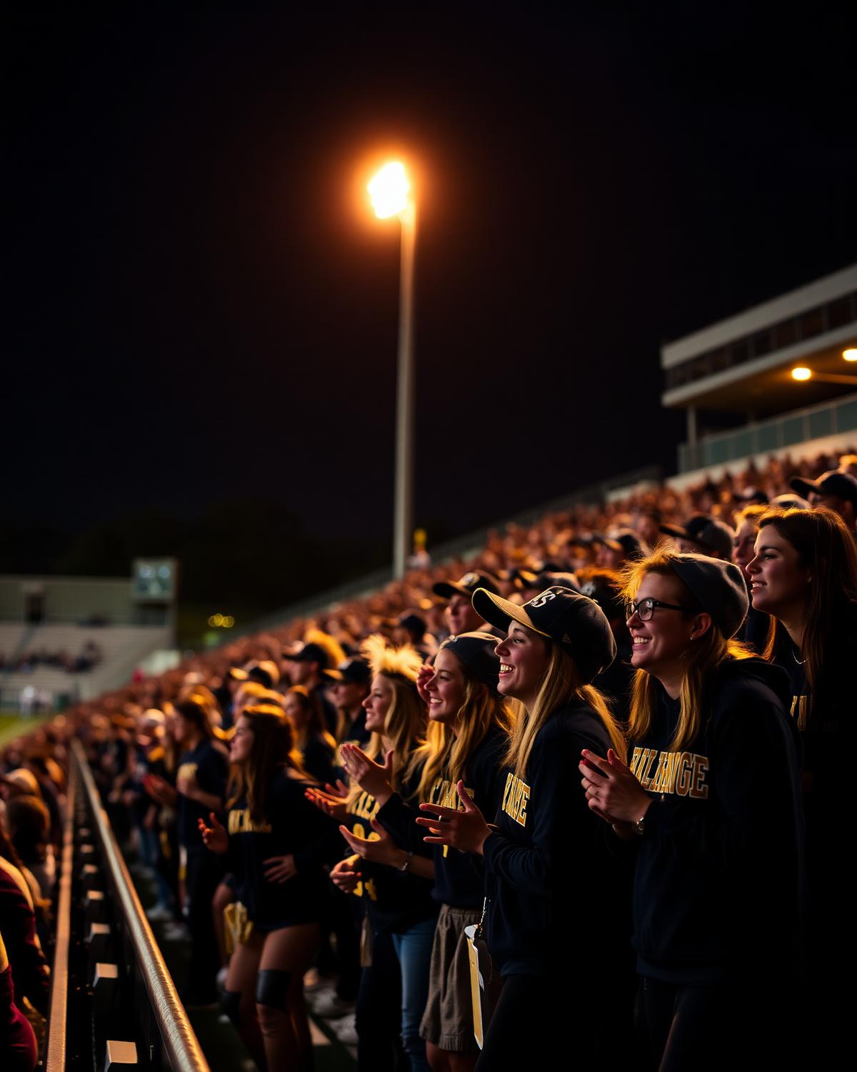 Sunset Hill Hawks fans cheering under the stadium lights on football game night