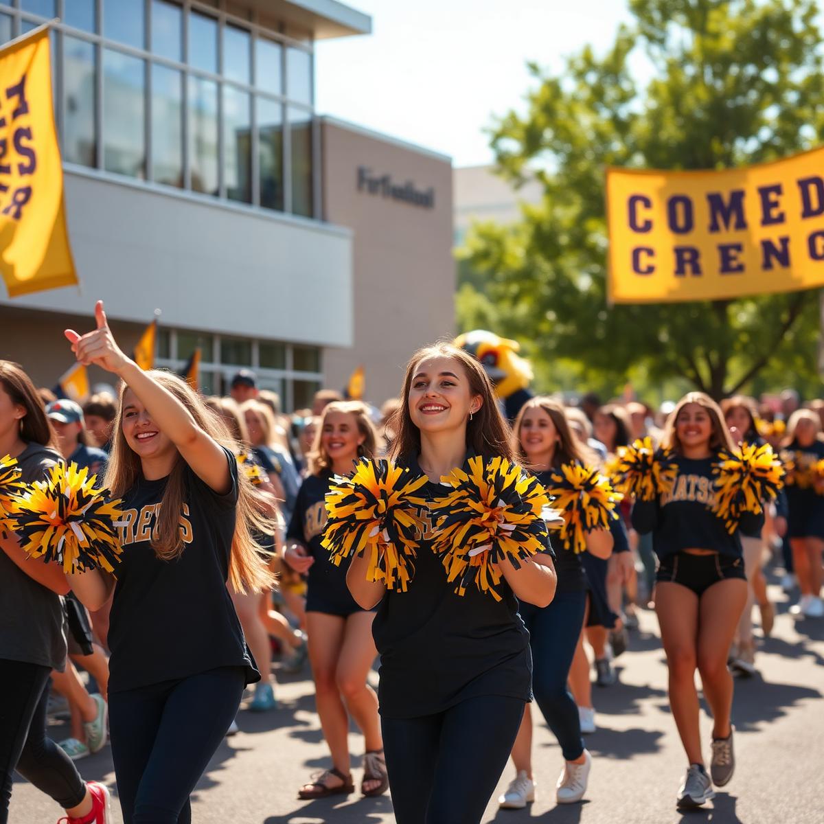 Cheer squad leading the Hawk homecoming parade with pom-poms and banners