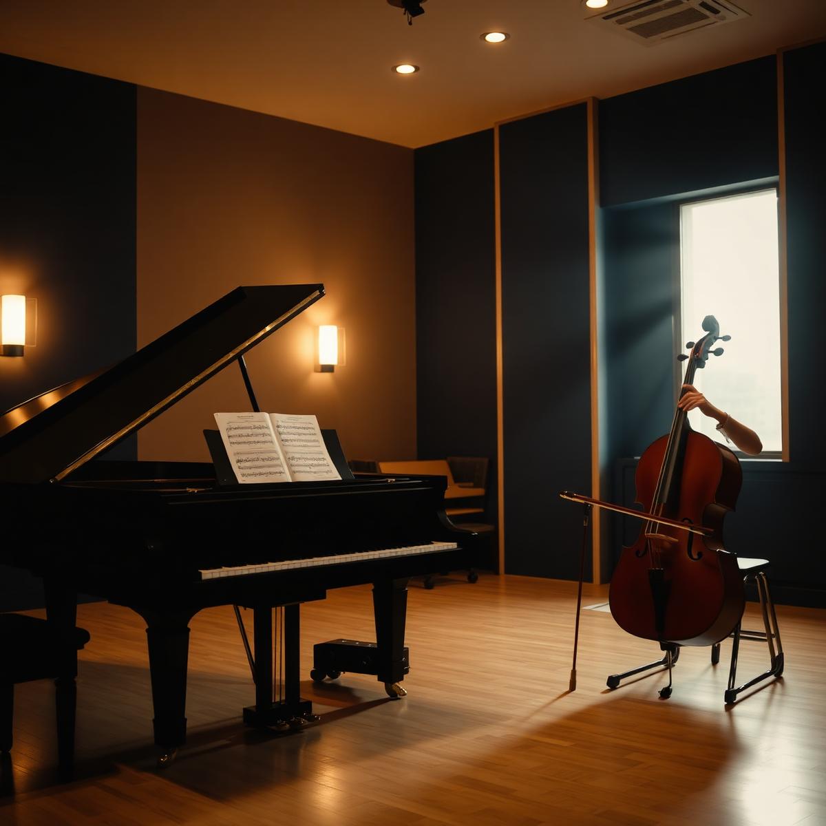 Grand piano and cello in a warm rehearsal hall