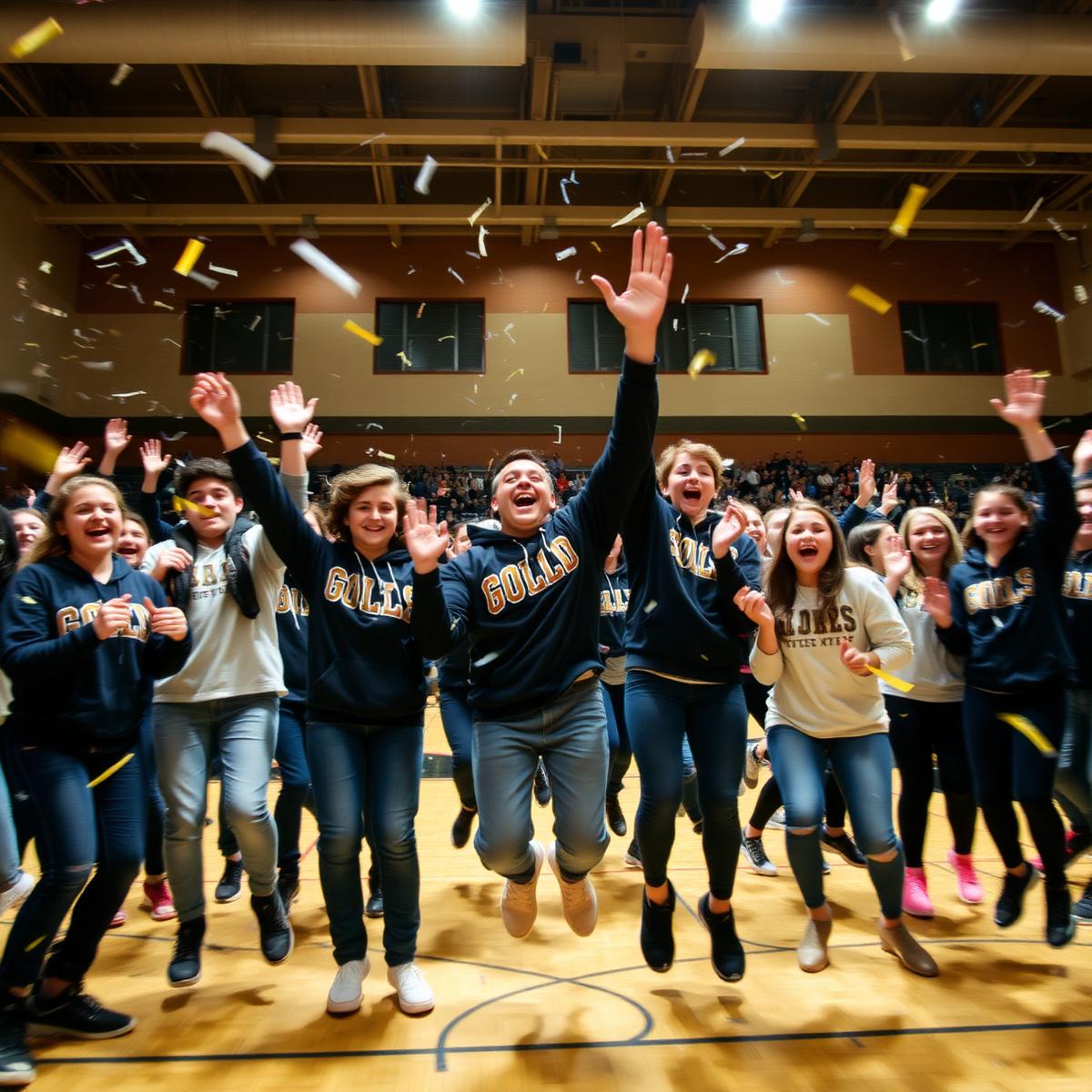 Students in navy and gold Hawk spirit wear jumping through confetti at a pep rally