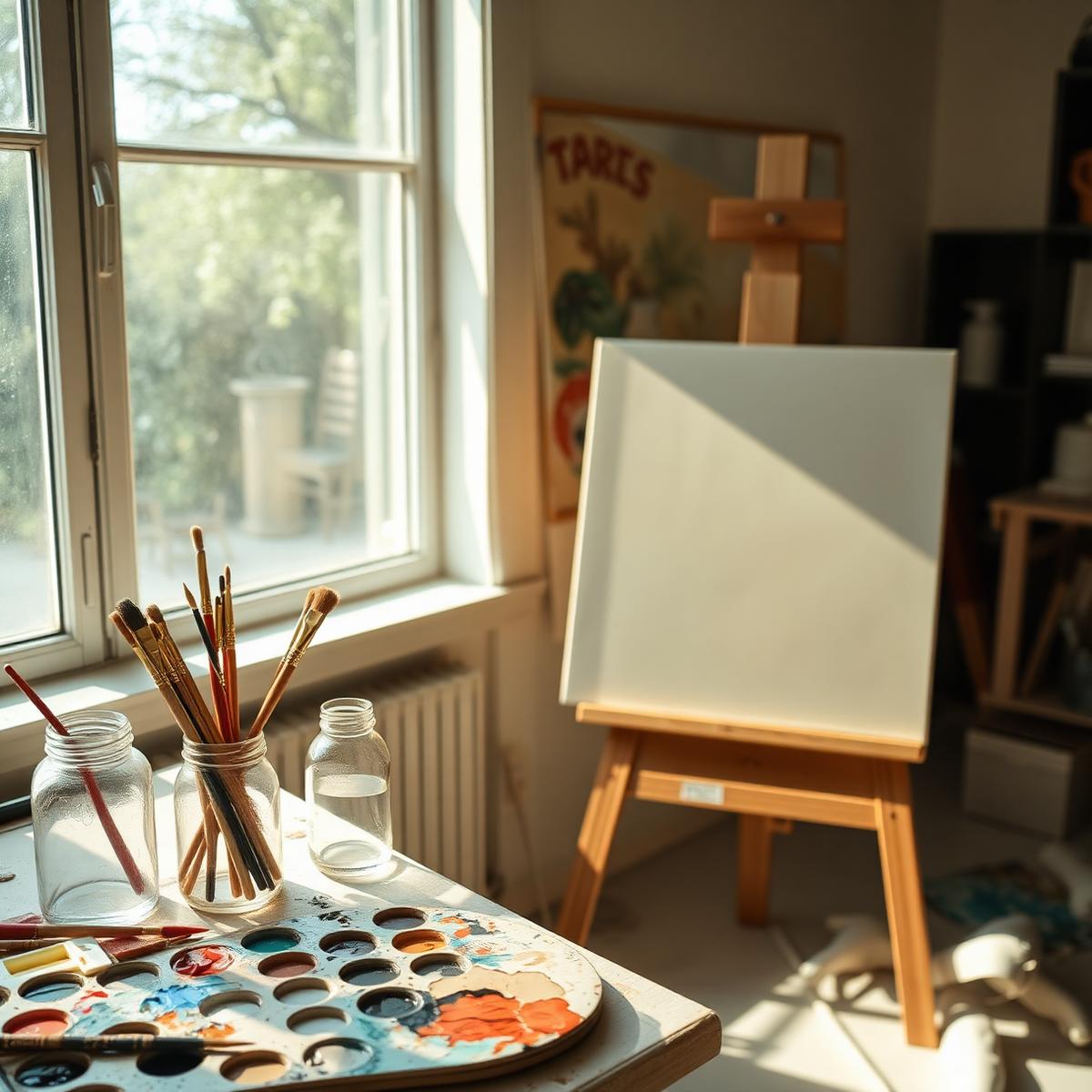 Artist studio with paint palette and easel